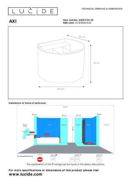 Lucide AXI - Wall spotlight / Wall light Bathroom - LED - 2x7W 2700K - IP54 - Adjustable beam angle - Black - technical